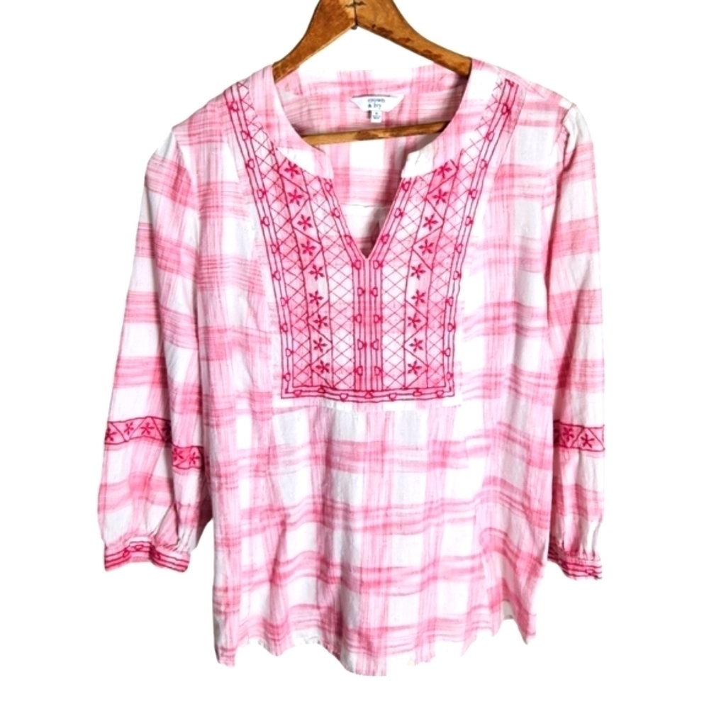 Crown & Ivy Pink Gingham Plaid Embroidered Blouse, medium